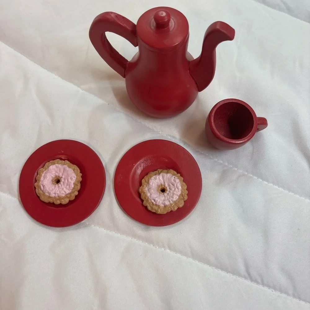 Red Toy Tea Set with 2 Cookies play tea seat for 18” dolls